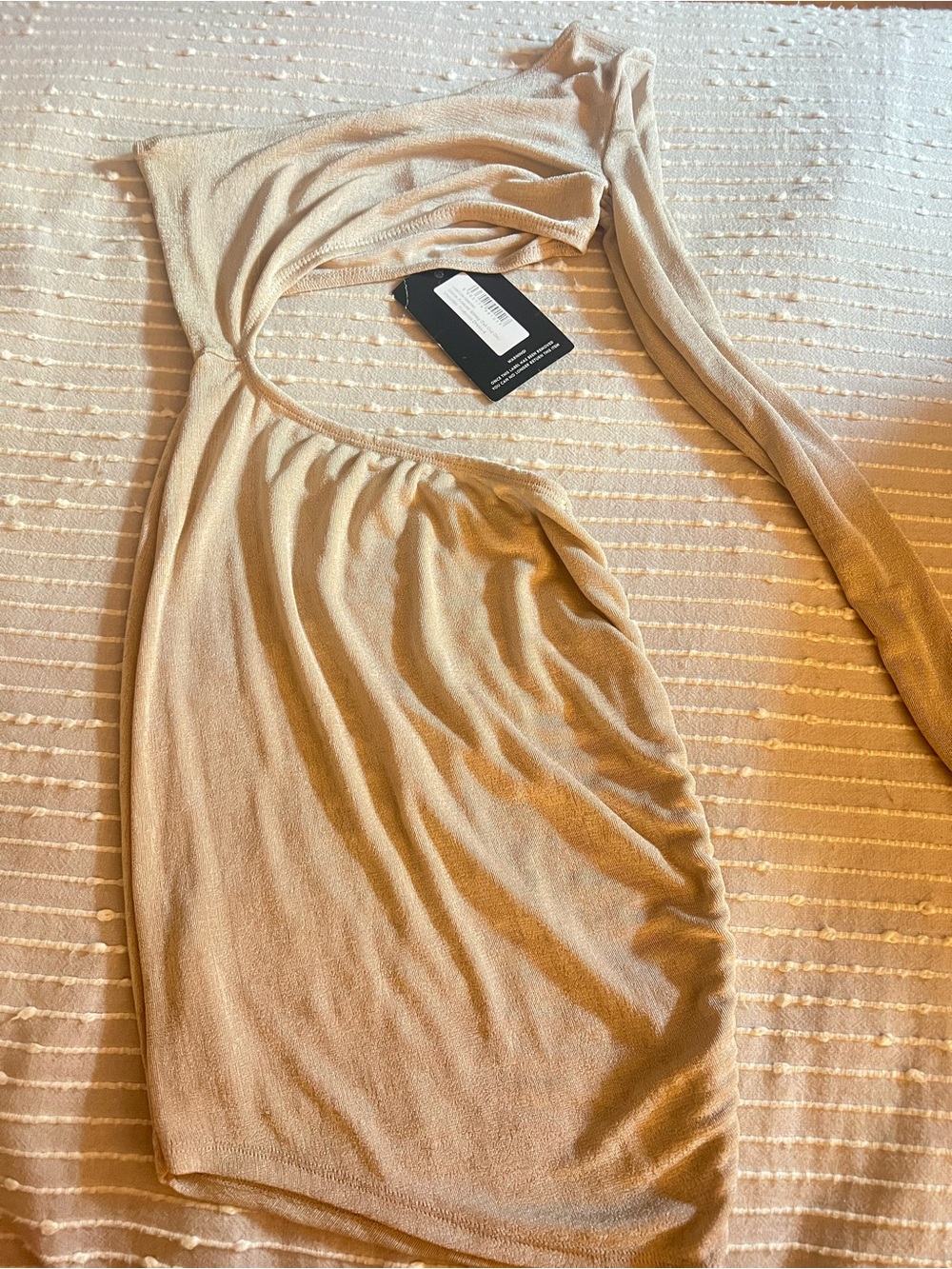 PrettyLittleThing One-Shoulder Cutout Mini Dress in Beige